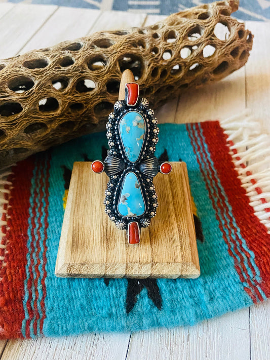 Handcrafted Sterling Kingman Turquoise & Red Coral Ring Size 8.5 By Shawn Cayatineto