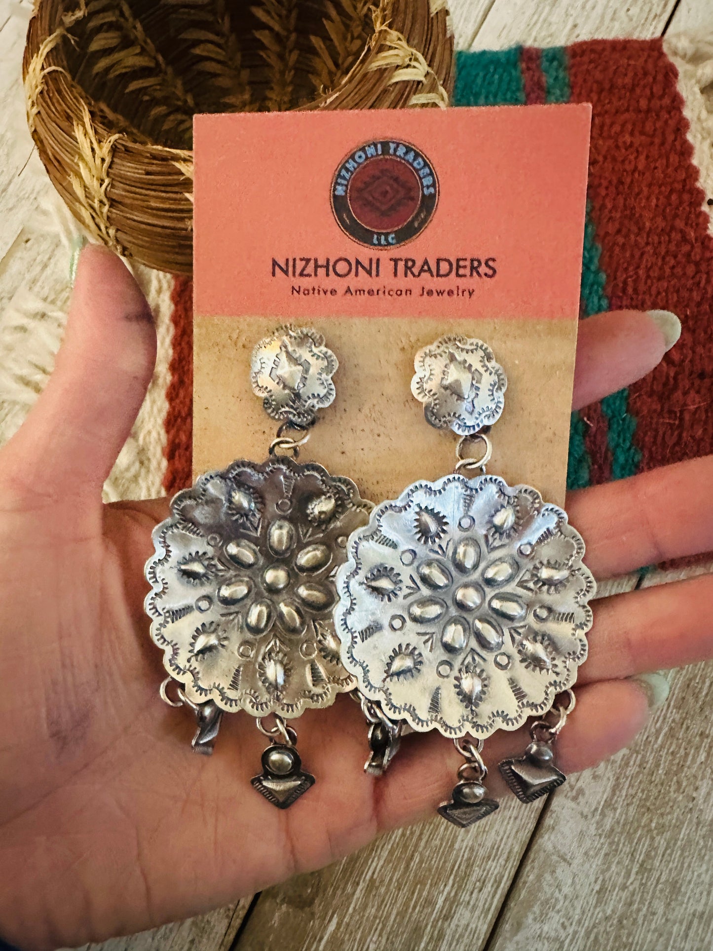 Handcrafted Hand Stamped Sterling Silver Concho Dangle Earrings