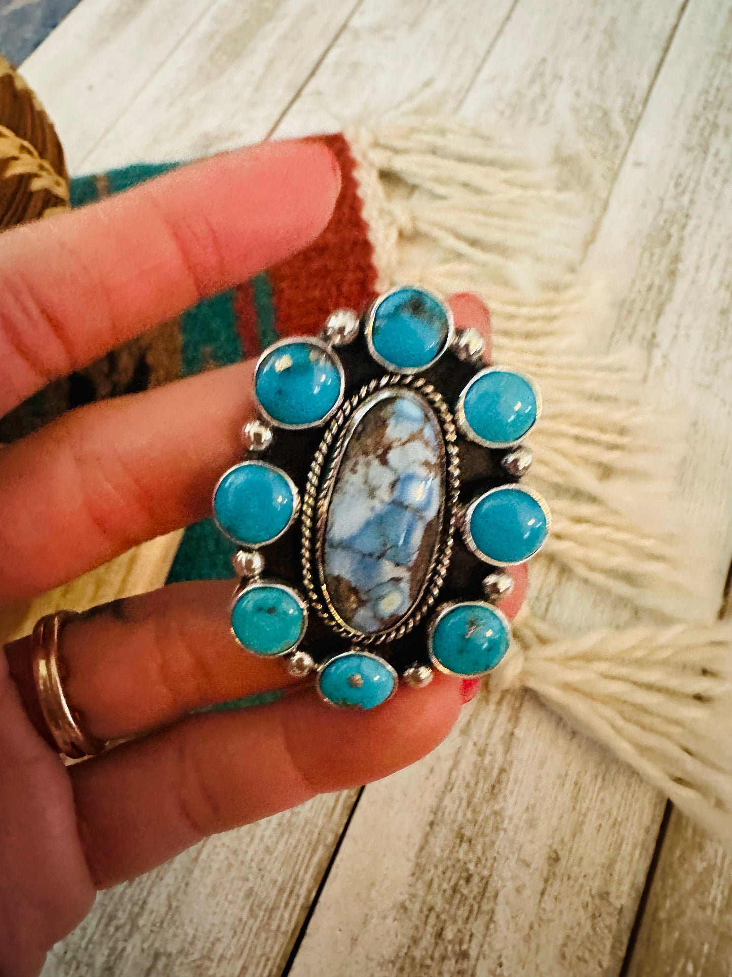 Handcrafted Sterling Silver & Multi Turquoise Cluster Adjustable Ring