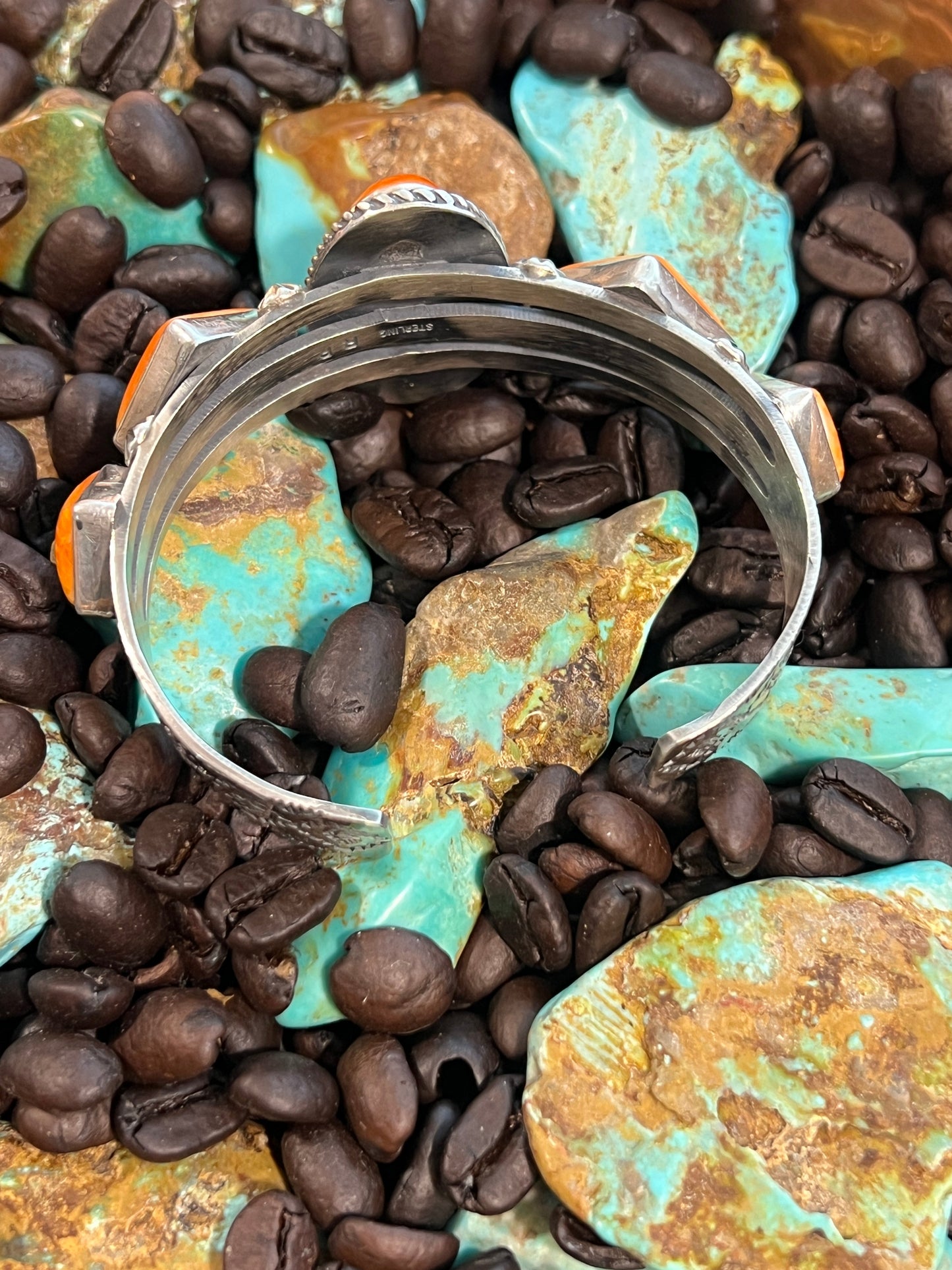 Handcrafted Sterling Silver and Orange Spiny Oyster Shell Geometric Row Cuff by Rosella Paxson