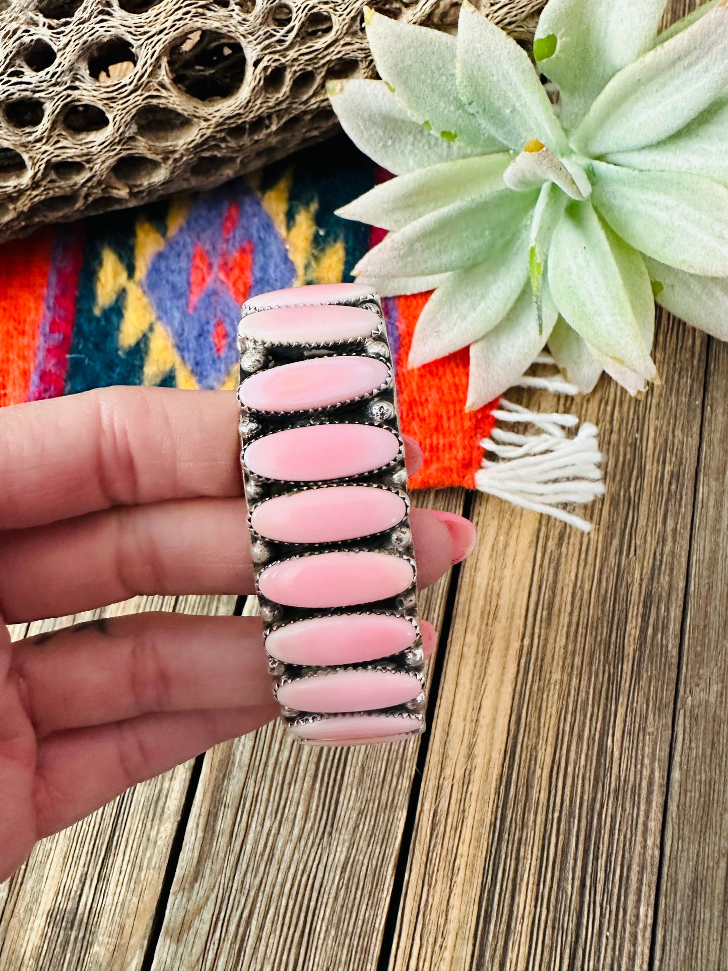 Navajo Queen Pink Conch Shell & Sterling Silver Cuff Bracelet