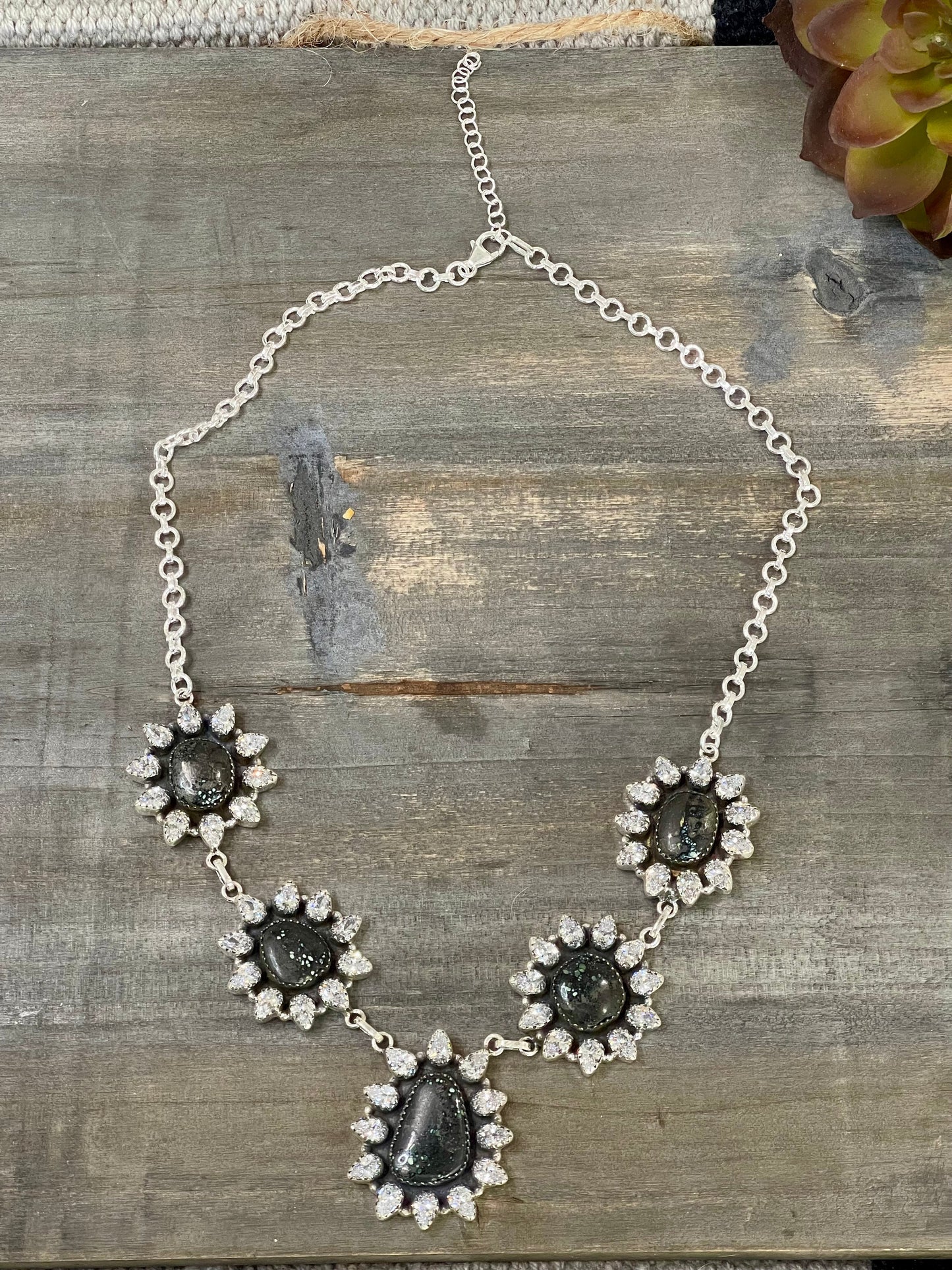 Handmade Sterling Silver , New Lander & Cubic Zirconia Necklace Signed Nizhoni