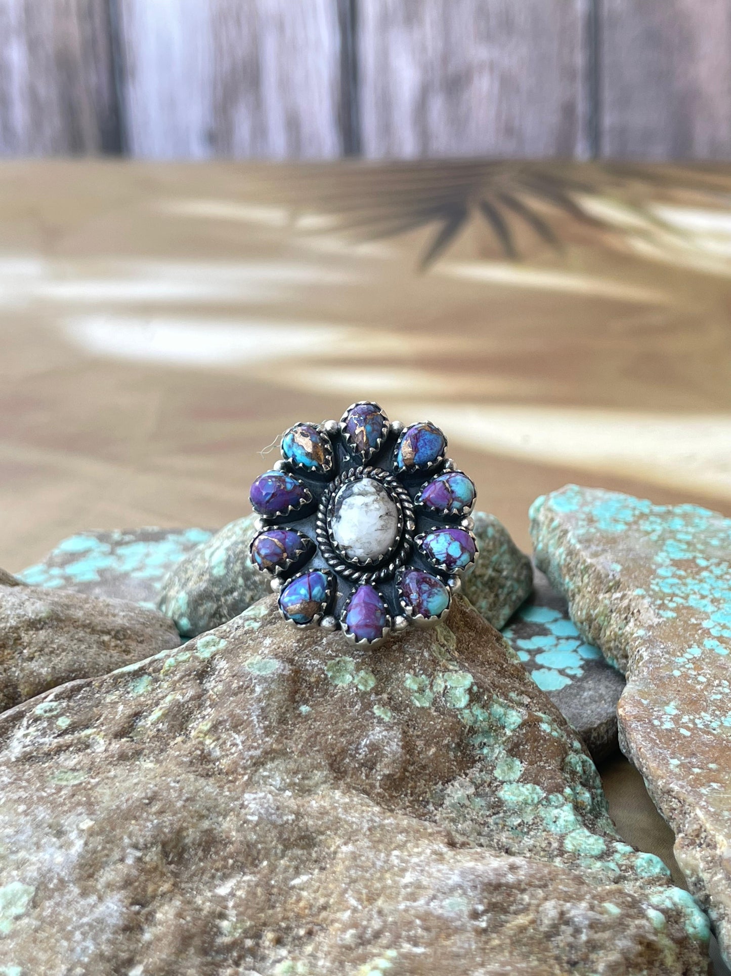 Beautiful Handmade Sterling Silver, White Buffalo & Purple Dream Mojave Adjustable Cluster Ring