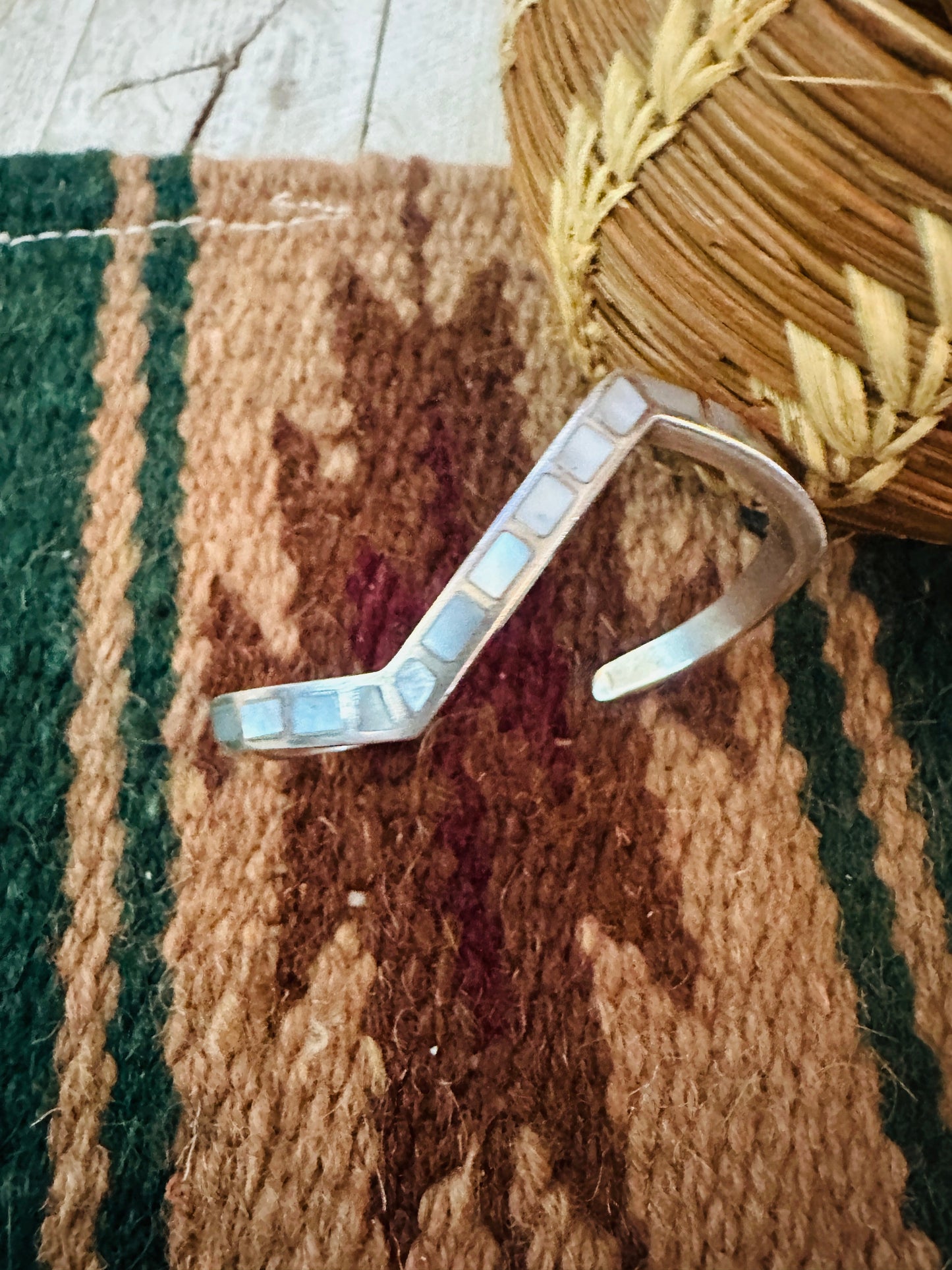 Handcrafted Old Pawn Mother of Pearl & Sterling Silver Inlay Cuff Bracelet /