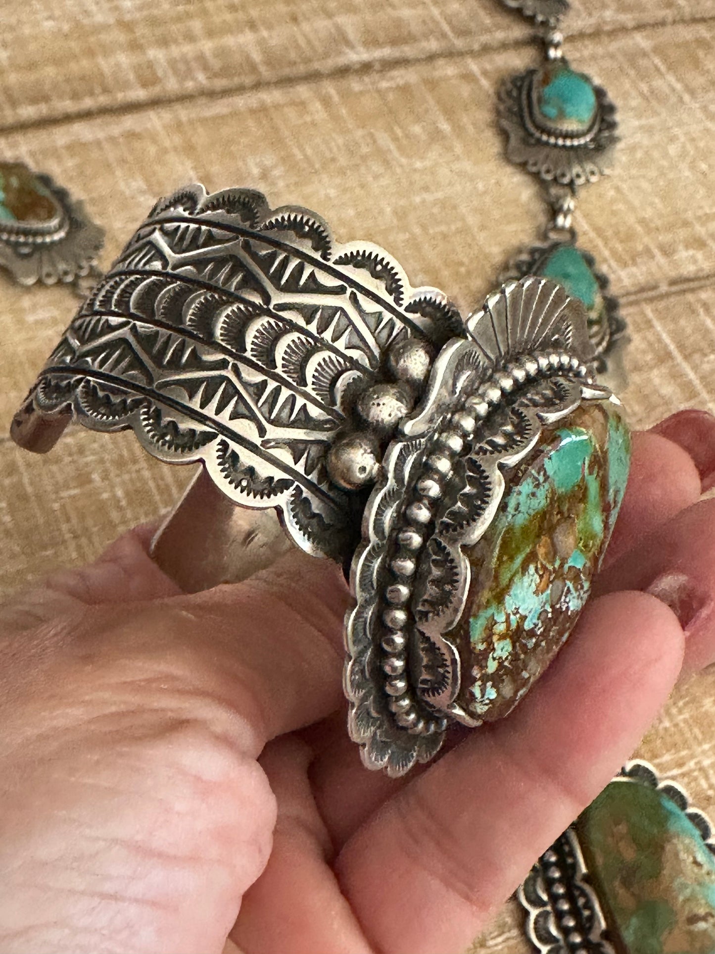 Charles Johnson Handcrafted Royston Turquoise & Sterling Silver Necklace, Bracelet and Ring Set Signed