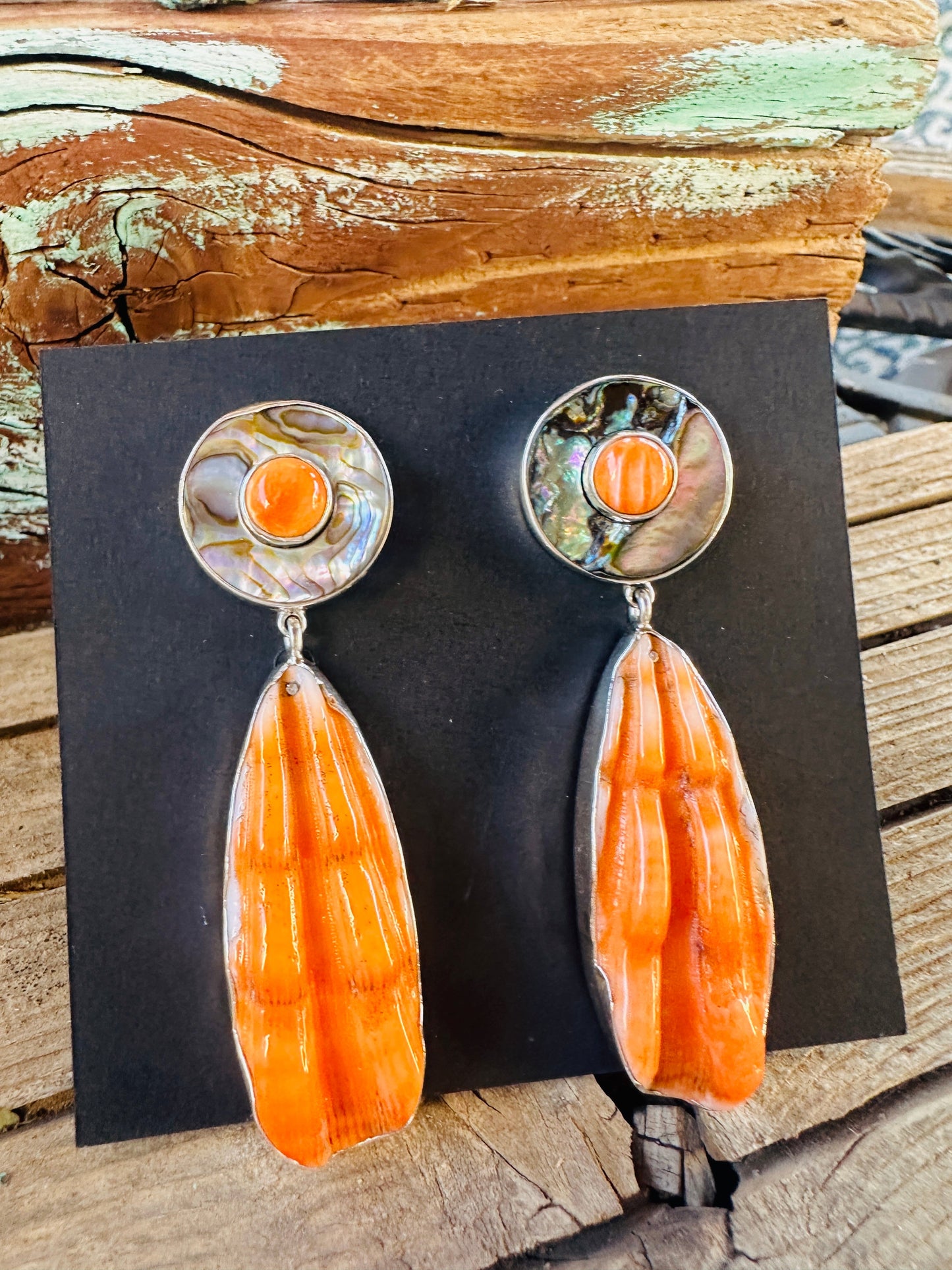 Handcrafted Spiny Oyster, Abalone & Sterling Silver Dangle Earrings by Federico Jimenez