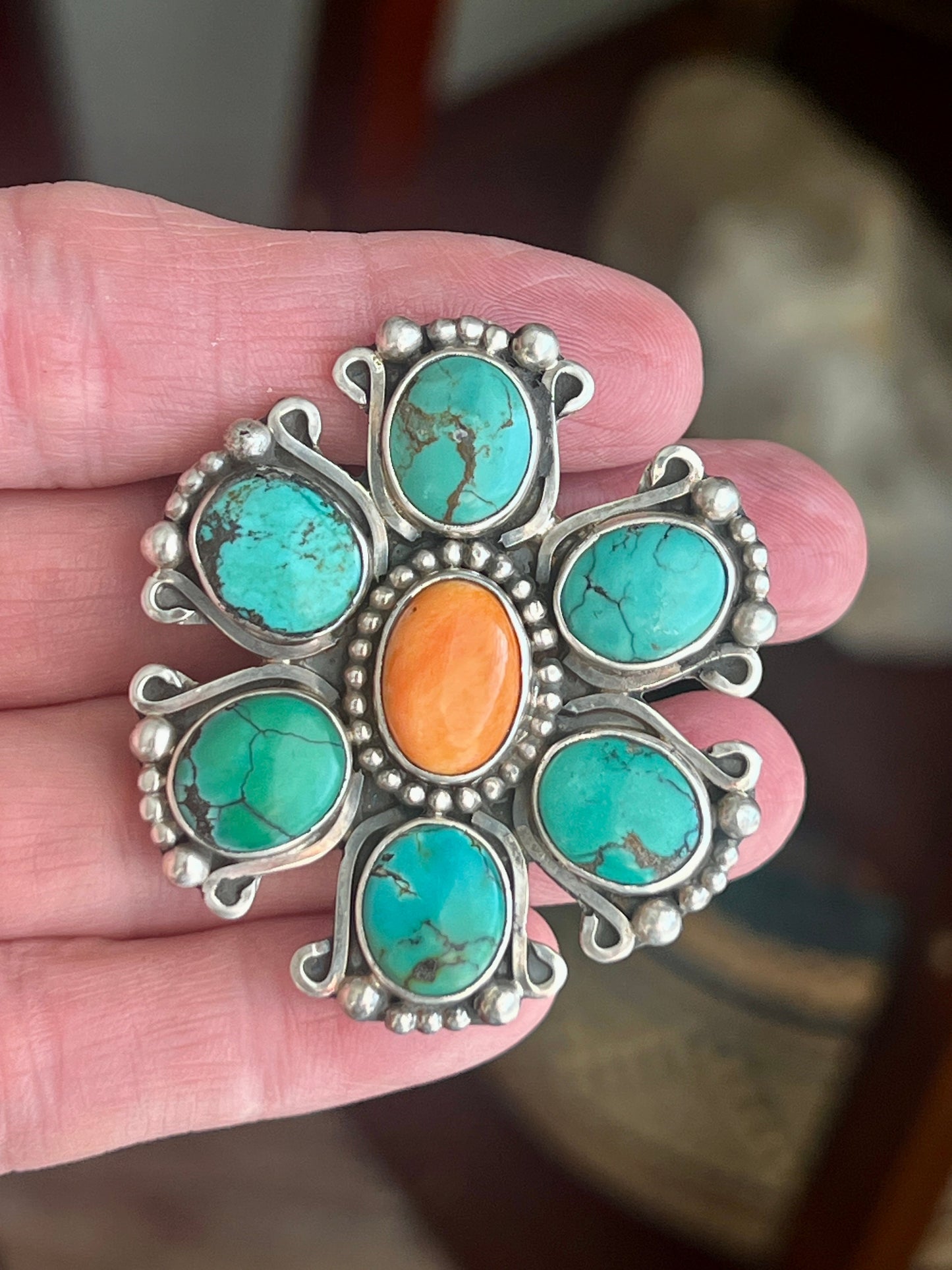 Rosella Paxson Sterling Silver, Hubei Turquoise and Spiny Oyster Shell Cluster Ring
