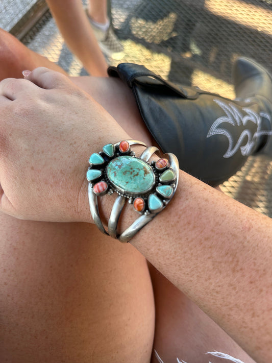 Handcrafted Turquoise & Spiny Sterling Silver Bracelet Cuff Signed Sheila /