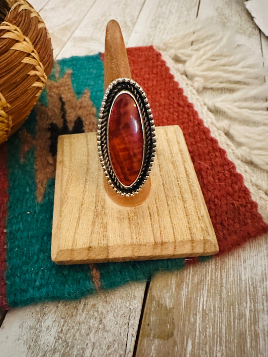 Navajo Sterling Silver & Red Spiny Oyster Adjustable Ring