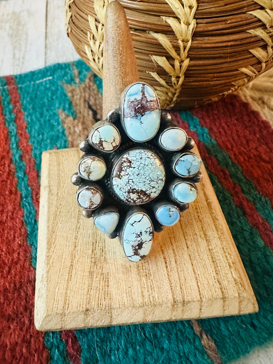 Handcrafted Golden Hills Turquoise & Sterling Silver Cluster Ring Size 7