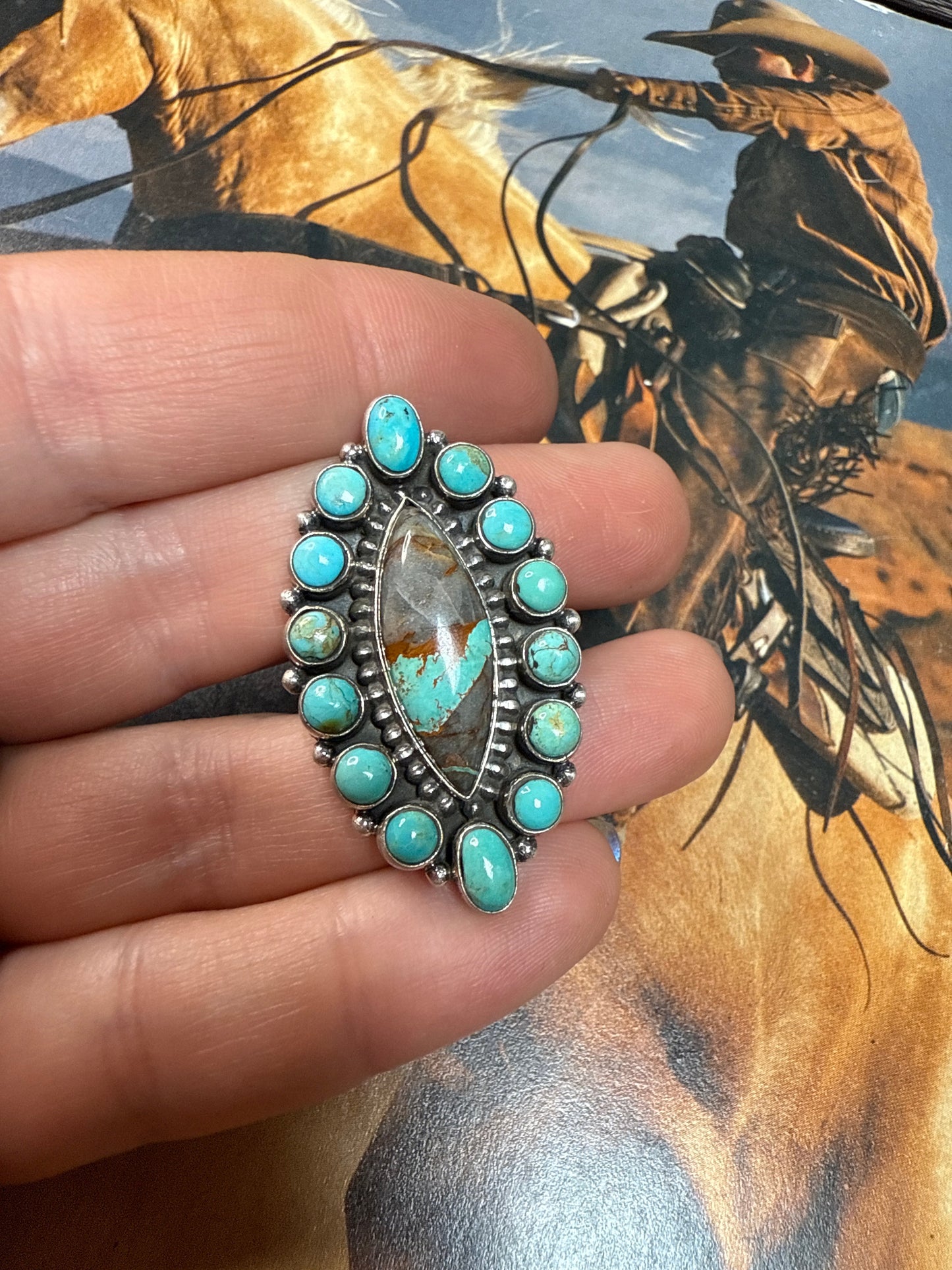 Handmade Sterling Silver, Kingman Turquoise, Ribbon Turquoise Adjustable Ring