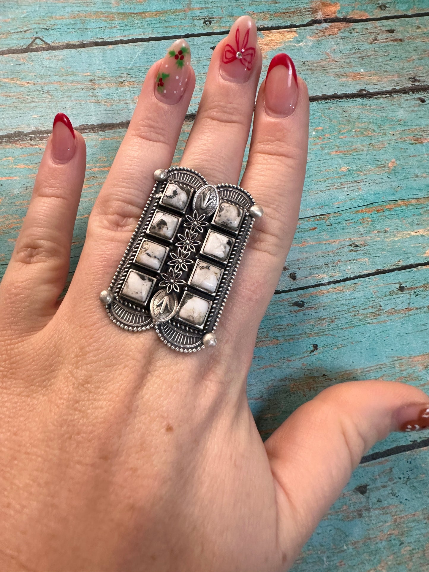 Handmade White Buffalo & Sterling Silver Adjustable Double Row Ring