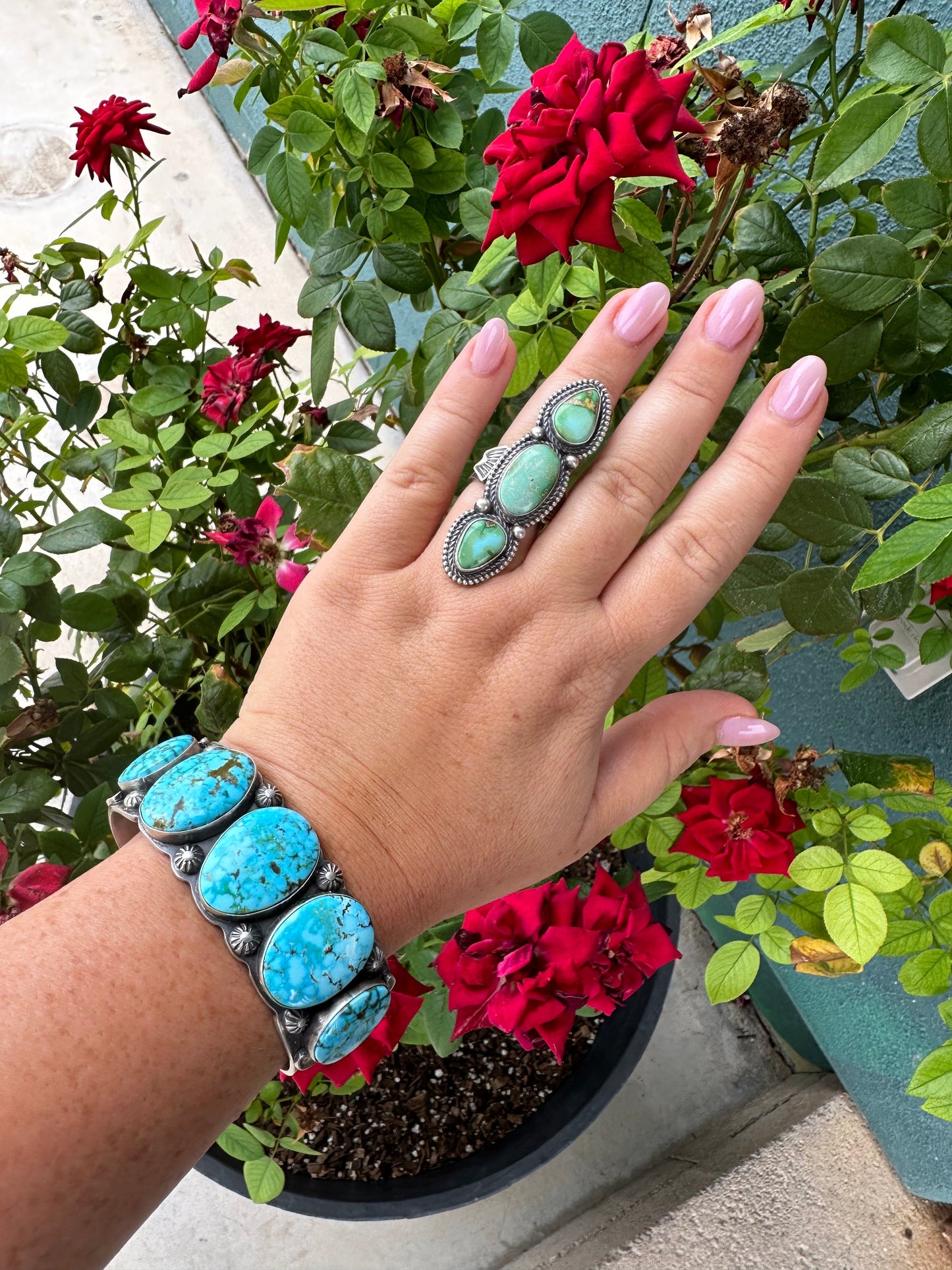 Navajo Sonoran Gold Turquoise Sterling Silver Stone Ring Size