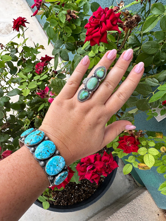 Handcrafted Sonoran Gold Turquoise & Sterling Silver 3 Stone Ring Size 7 Signed