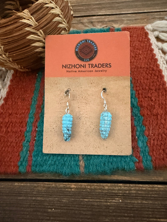 Hand Carved Turquoise Corn Dangle Earrings by Daniel Aguilar