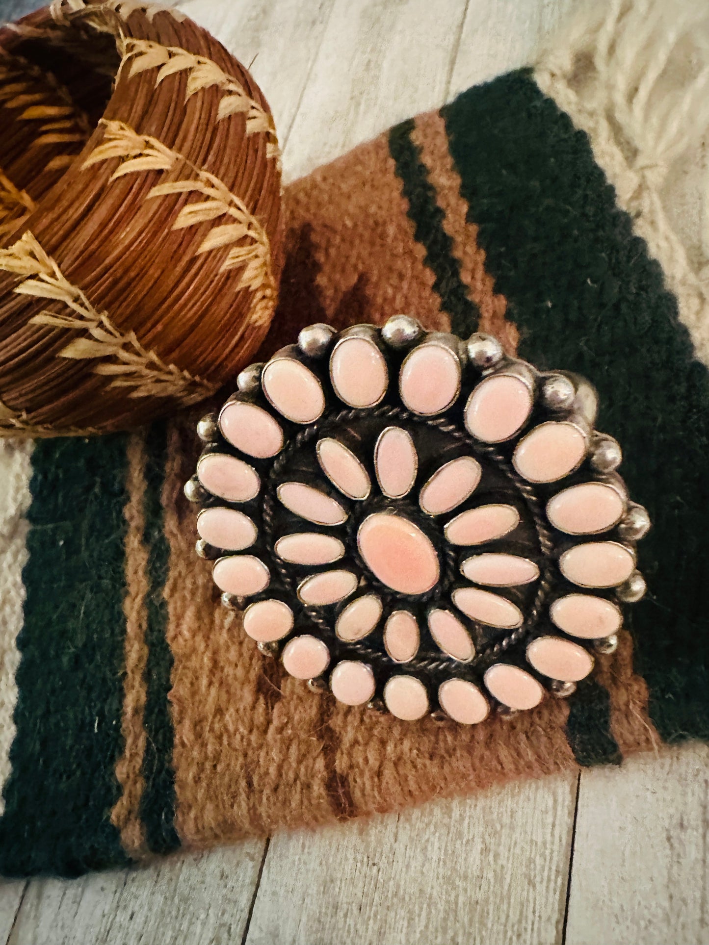Handcrafted Queen Pink Conch Shell & Sterling Silver Cluster Cuff Bracelet