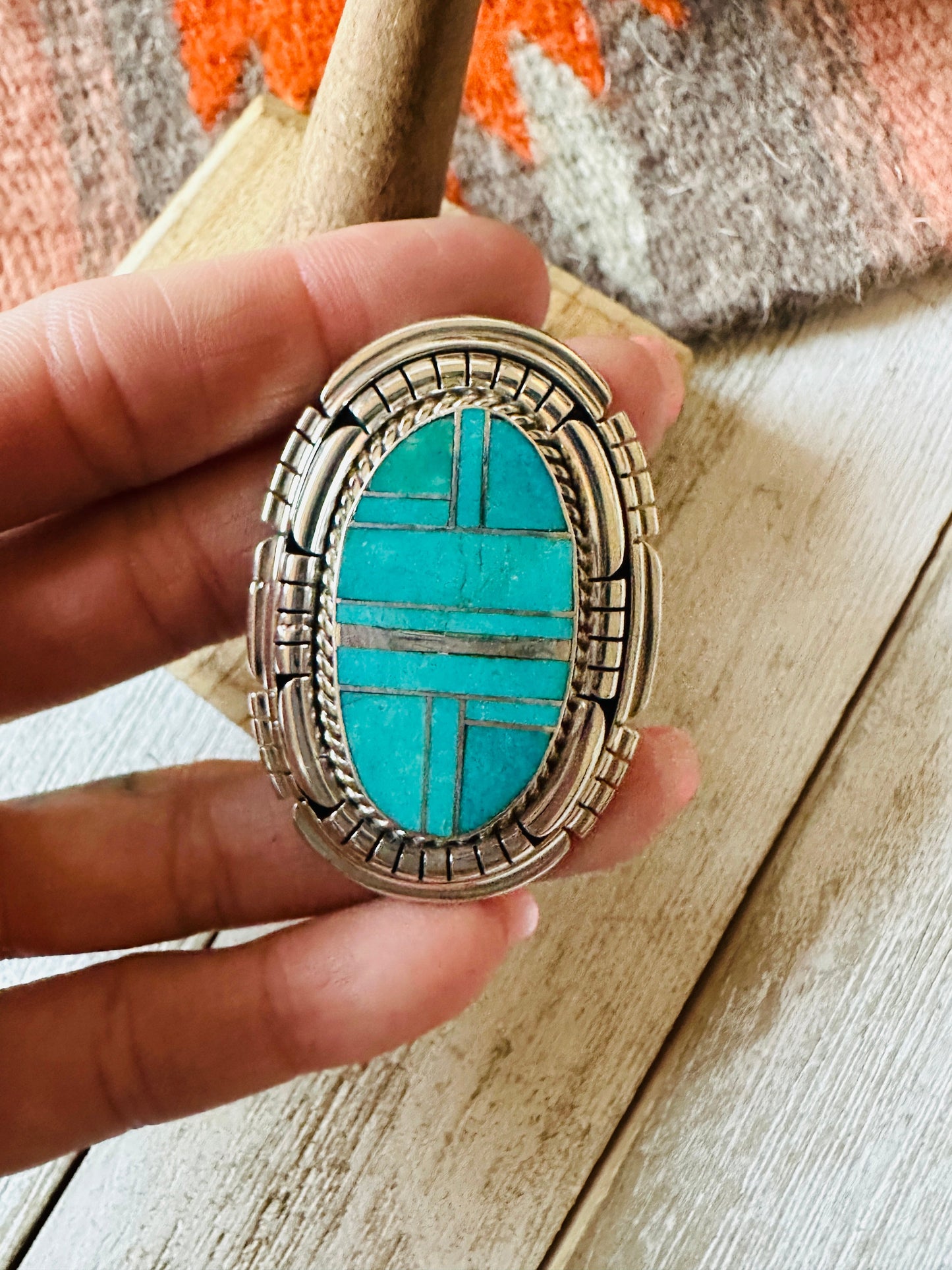 Handcrafted Sterling Silver & Turquoise Inlay Adjustable Ring