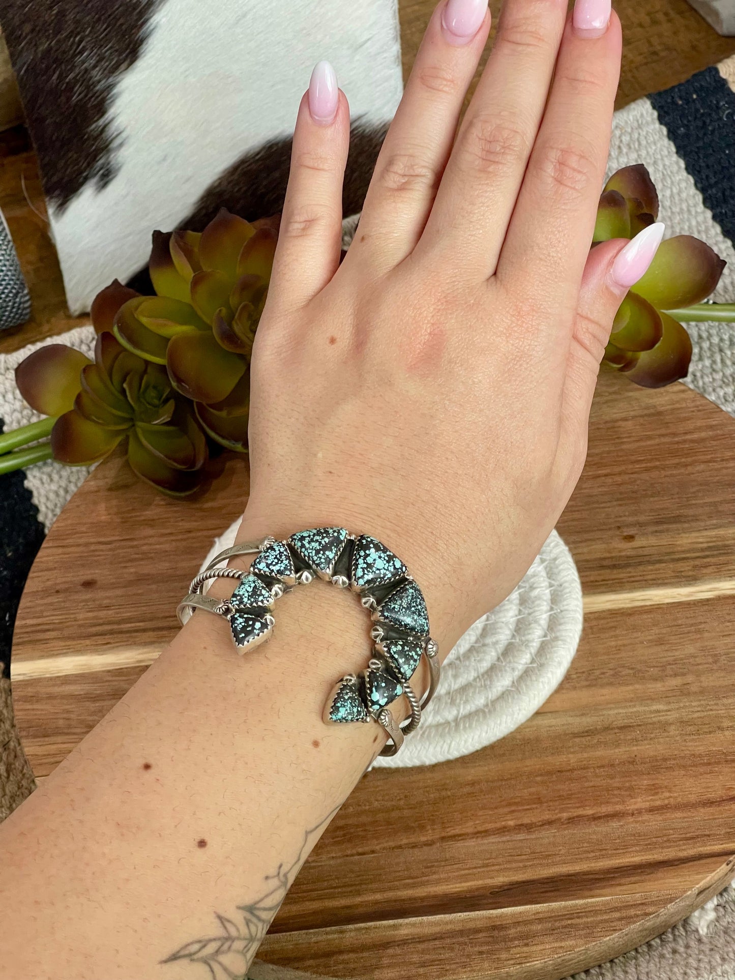 Handmade New Lander Turquoise & Sterling Silver Cuff Bracelet /