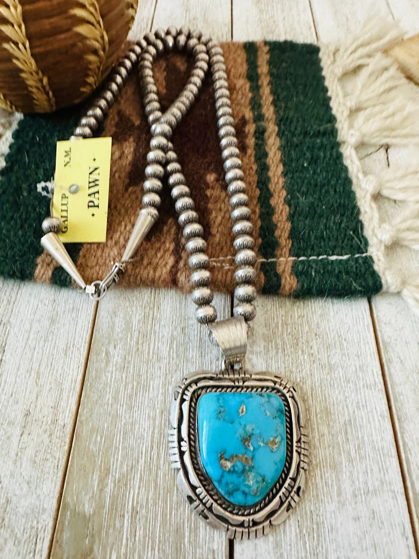 Vintage Old Pawn Sterling Silver Handcrafted Pearl & Turquoise Beaded Necklace