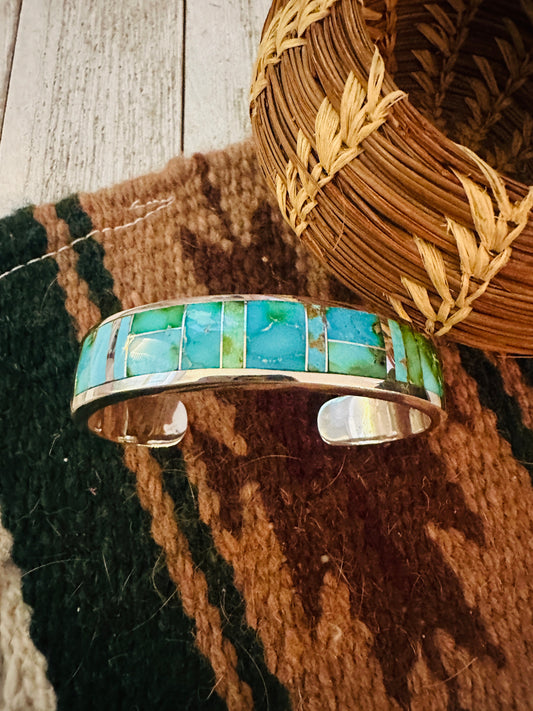 Handcrafted Sonoran Mountain Turquoise & Sterling Silver Inlay Cuff Bracelet /