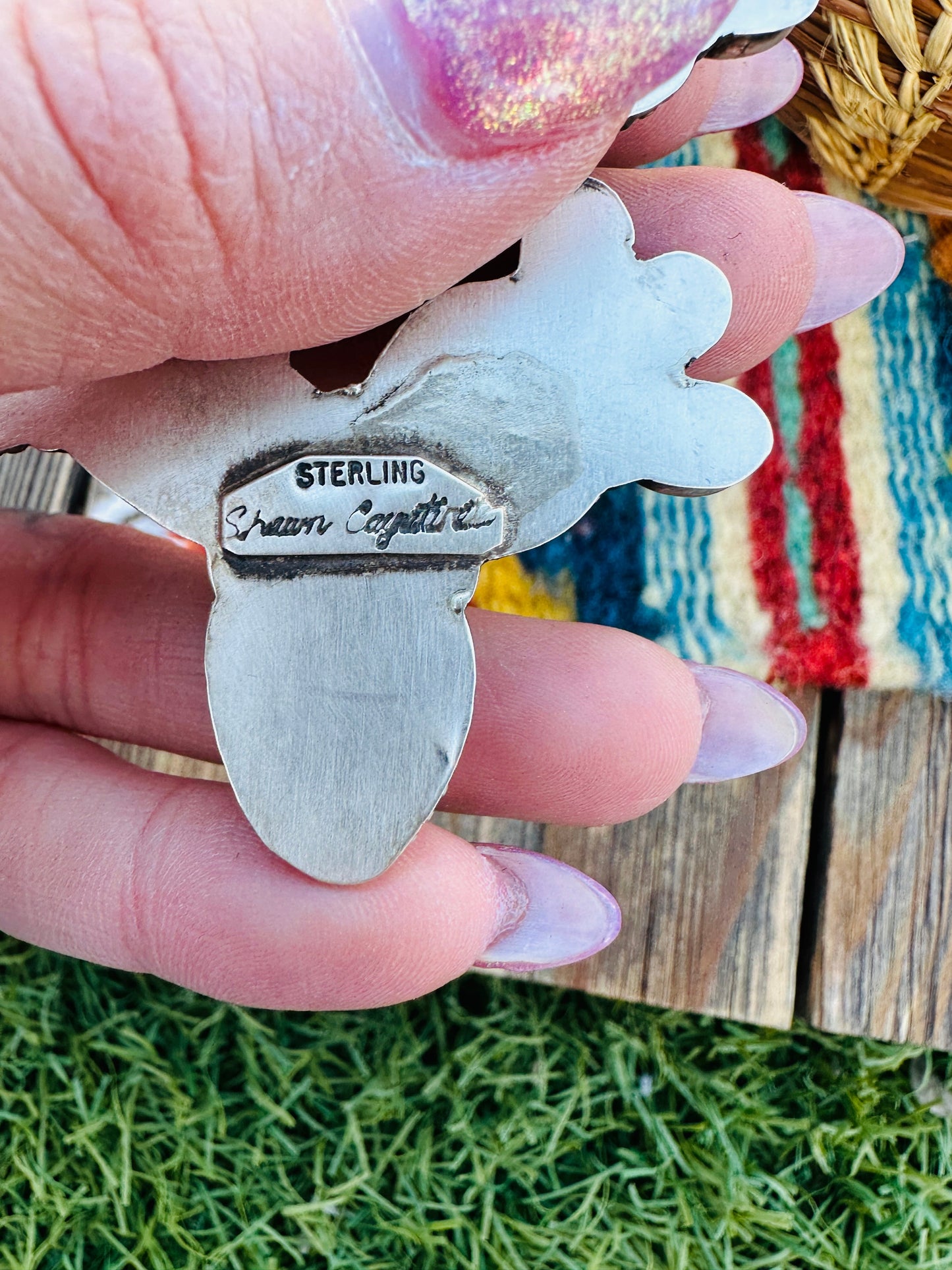Handcrafted Sterling Silver, Turquoise & Queen Pink Conch Cactus Pendant by Shawn Cayatineto