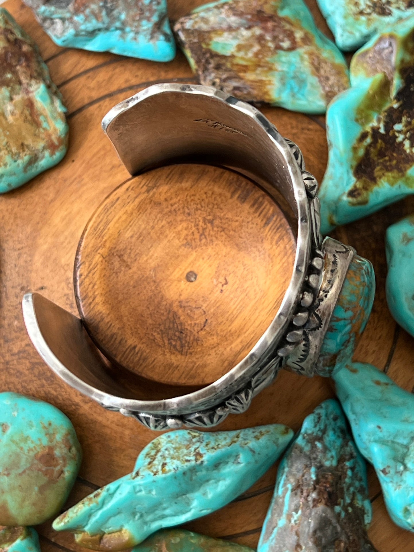 Lorenzo James Hefty Sterling Silver and Kingman Turquoise Hand Stamped Cuff Bracelet