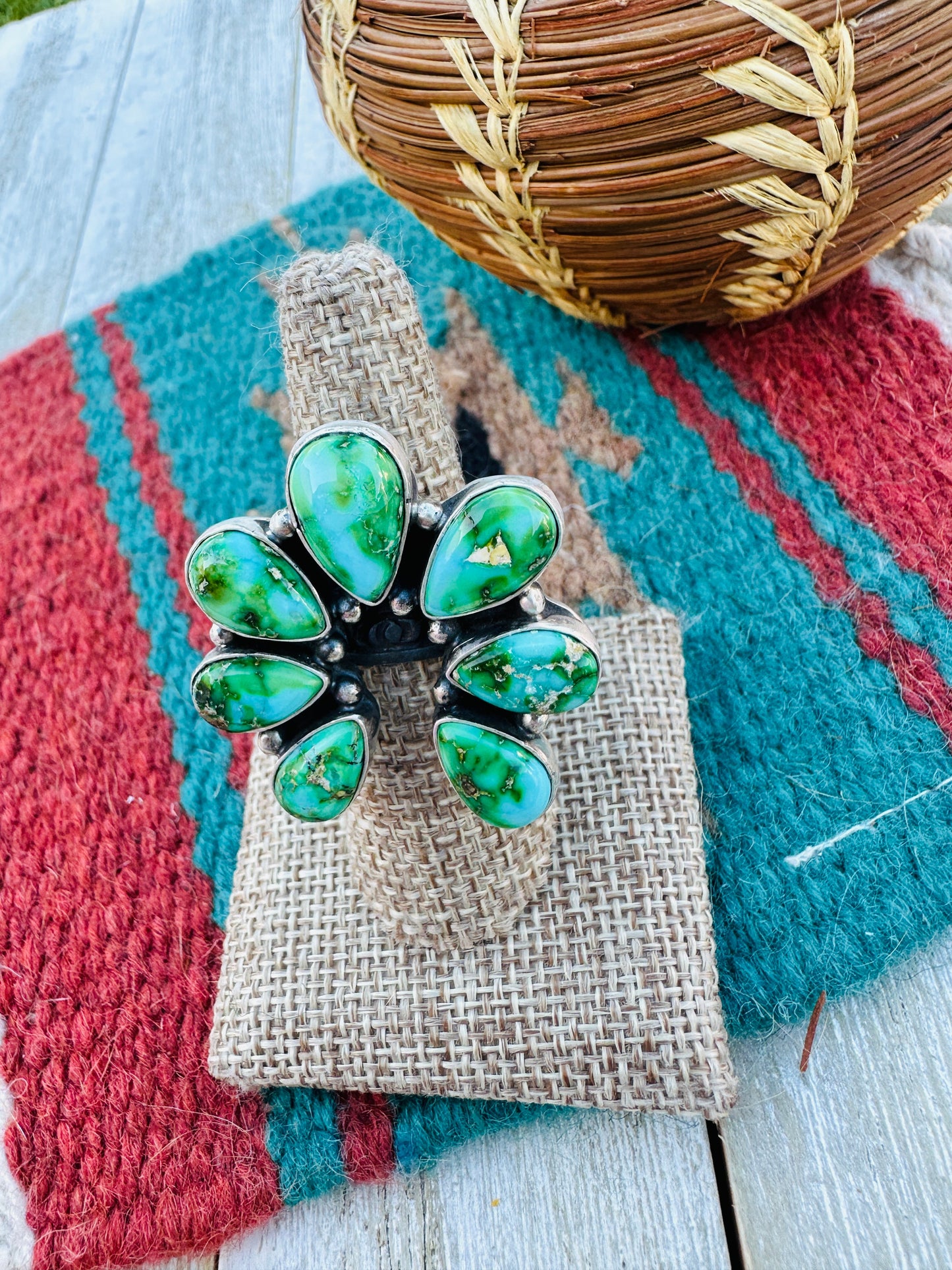 Sonoran Mountain Turquoise & Sterling Silver Adjustable Naja Ring by Russell Sam