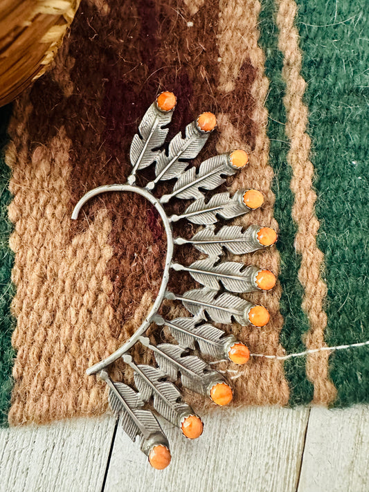Handcrafted Orange Spiny & Sterling Silver Feather Cuff Earring (Left Side)