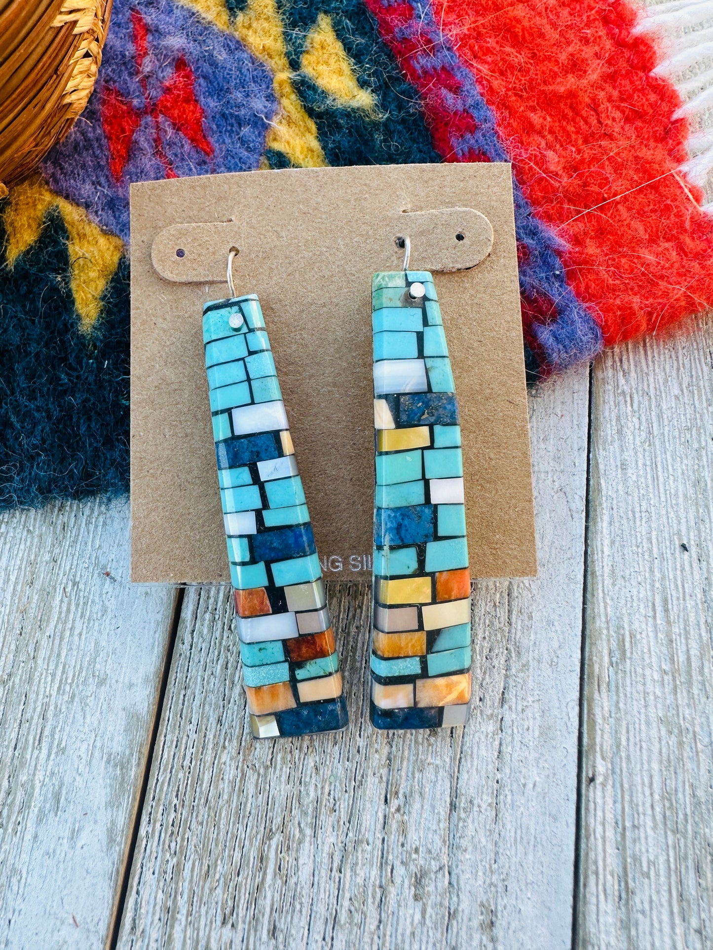 Handcrafted Multi Stone Inlay Shell Dangle Earrings
