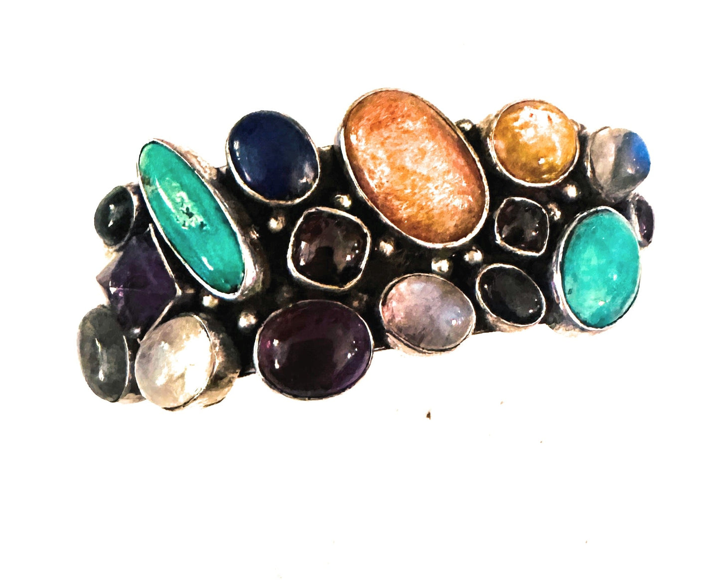 Handcrafted Old Pawn Vintage Multi Stone & Sterling Silver Cuff Bracelet