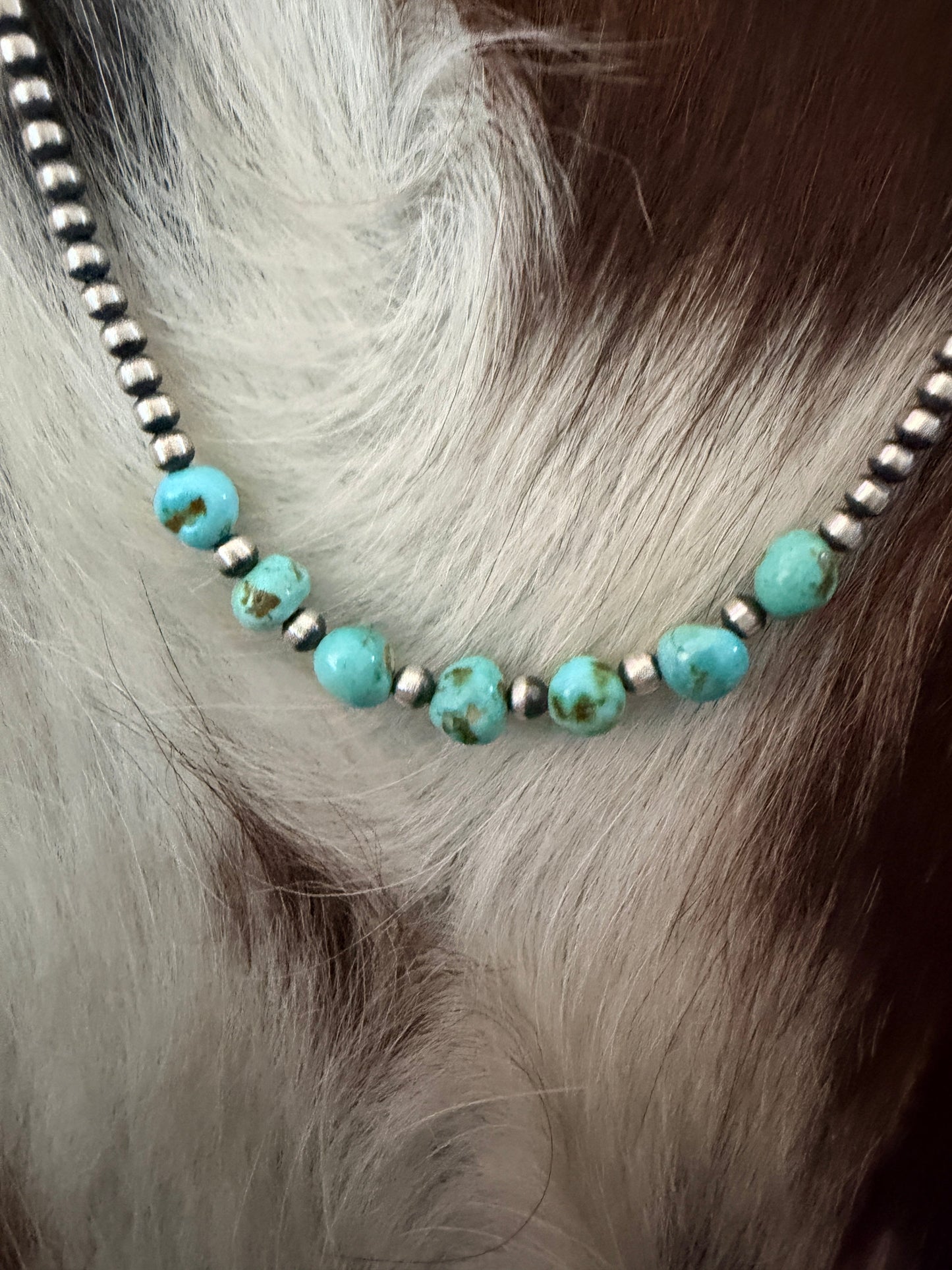 Handcrafted 7 Stone Turquoise & 3mm Sterling Silver Pearl Beaded Necklace