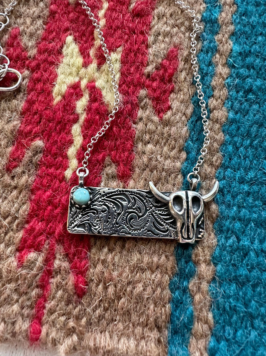 Wild One Bull Handmade Sterling Silver Turquoise Bar Necklace