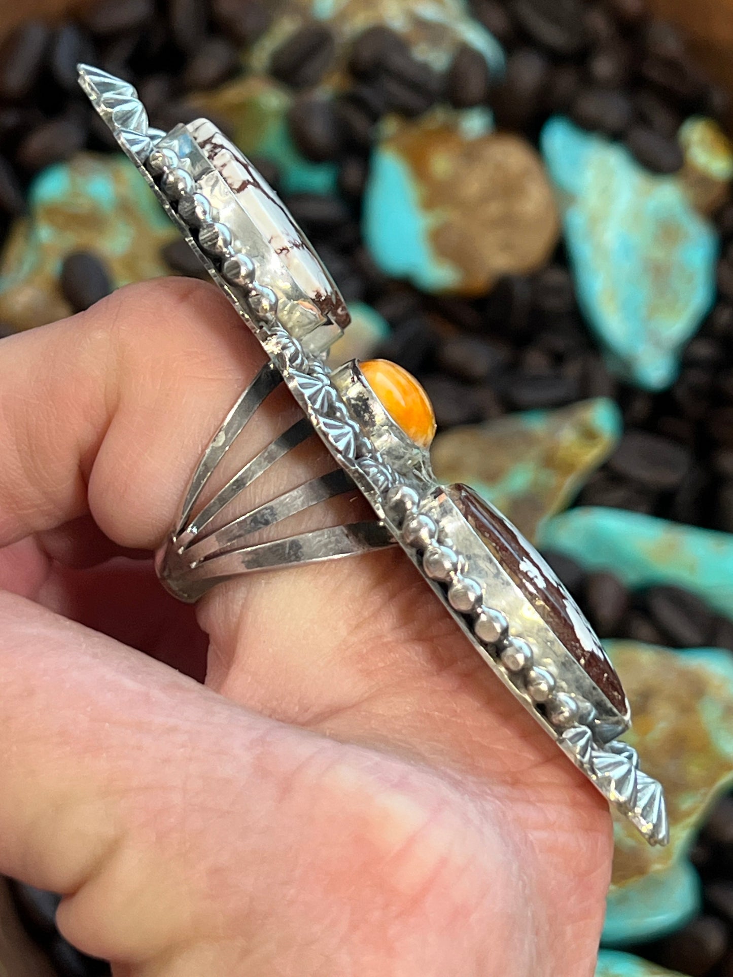 Apache Sterling Silver, Wild Horse Heart and Spiny Oyster Shell Statement Ring by Rosella Paxson, Size 9
