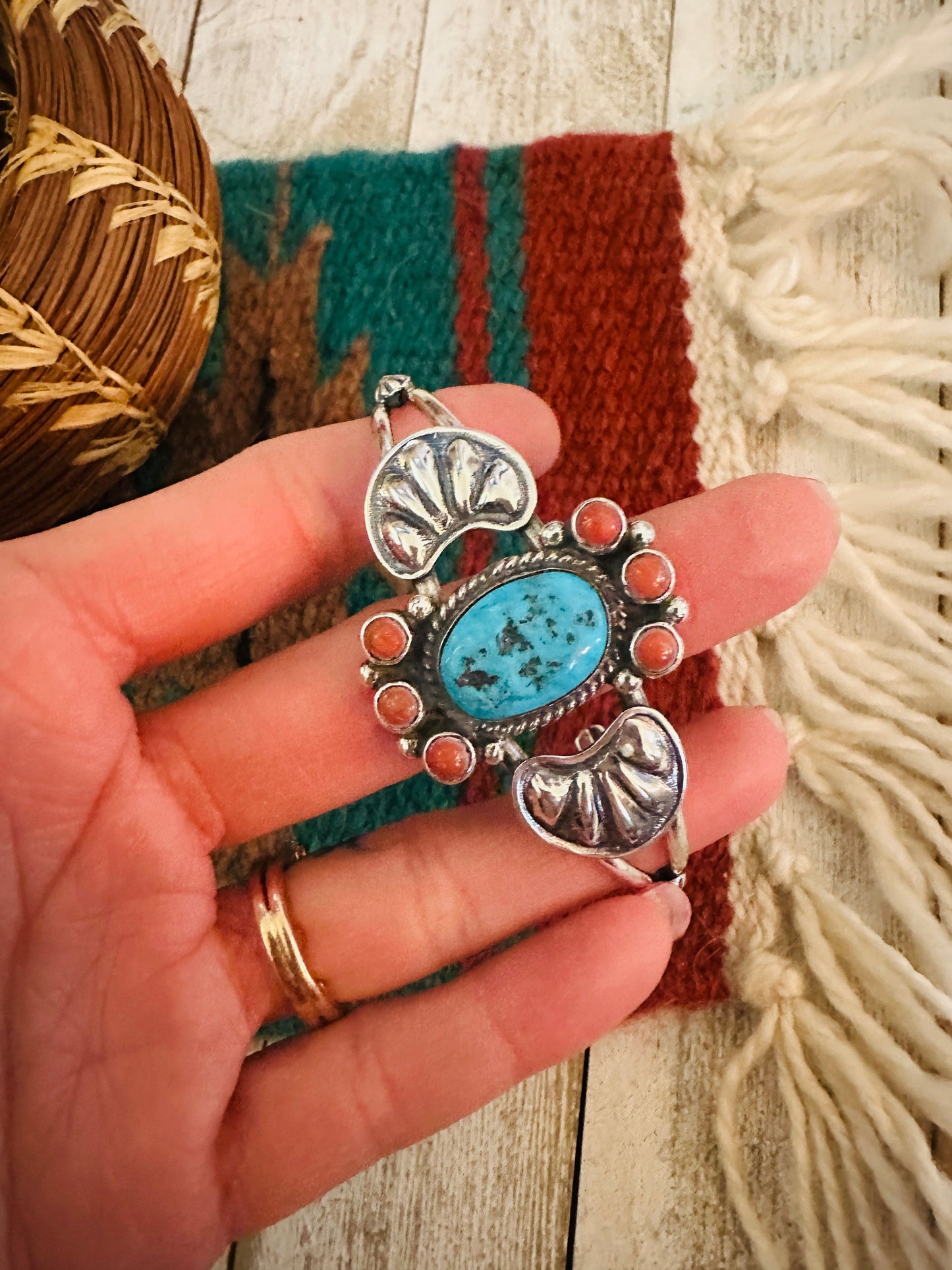 Handcrafted Turquoise, Coral & Sterling Silver Cluster Cuff Bracelet