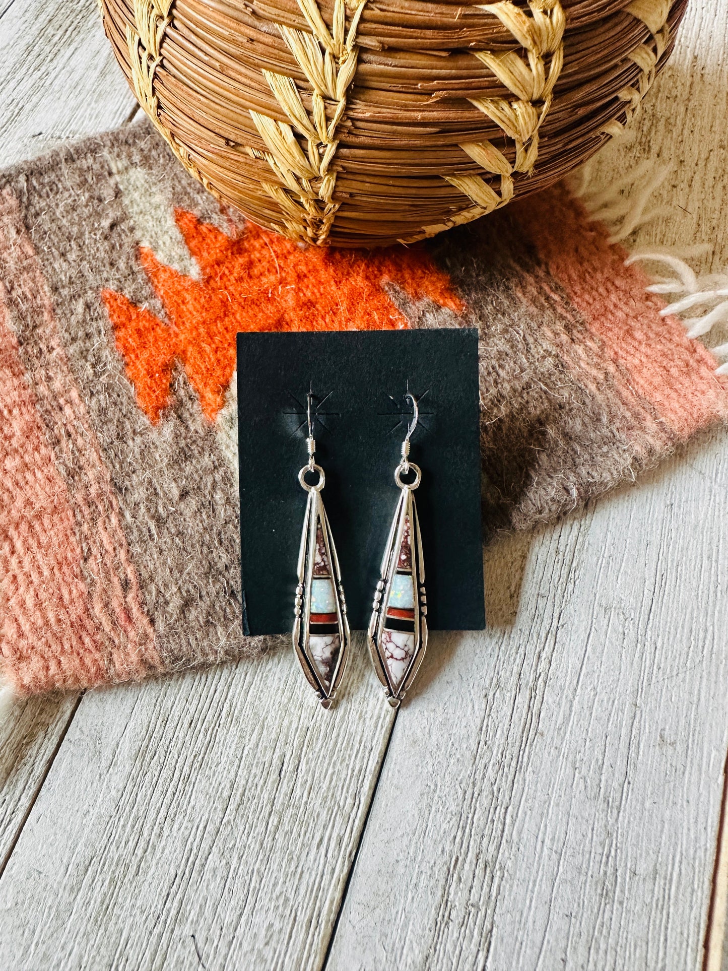 Handcrafted Sterling Silver & Multi Stone Inlay Dangle Earrings