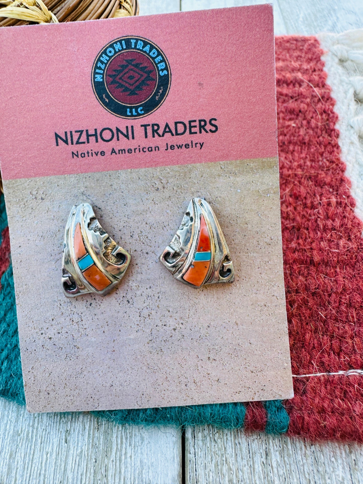 Handcrafted Old Pawn Sterling Silver, Spiny & Turquoise Post Earrings
