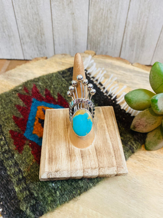 Handcrafted Royston Turquoise & Sterling Silver Crown Ring Size 7.5