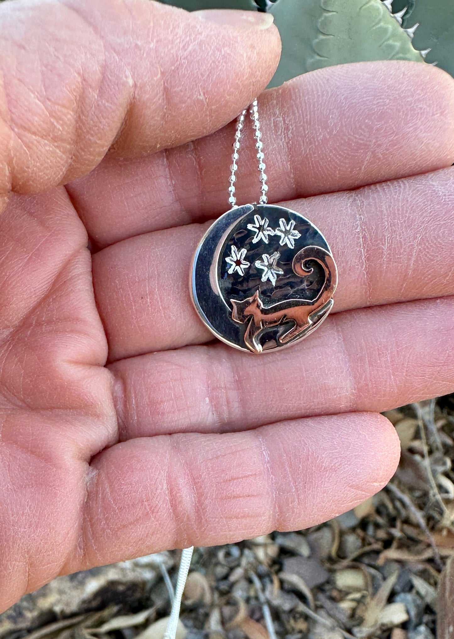 Cat on the Moon Sterling Silver Copper Pendant Necklace