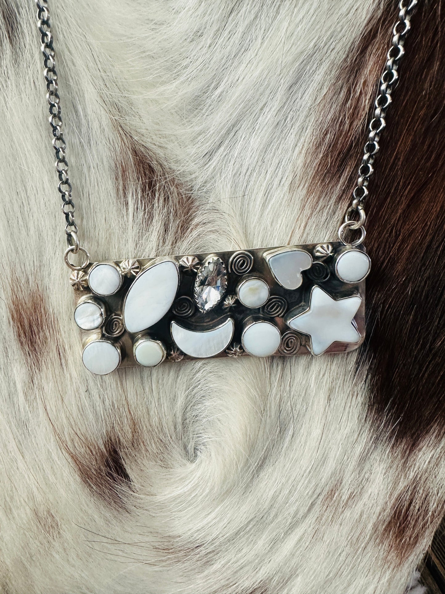 Handcrafted Mother of Pearl, CZ & Sterling Silver Bar Necklace by Jacqueline Silver