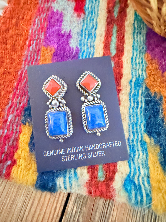 Handcrafted Lapis, Coral & Sterling Silver Dangle Earrings