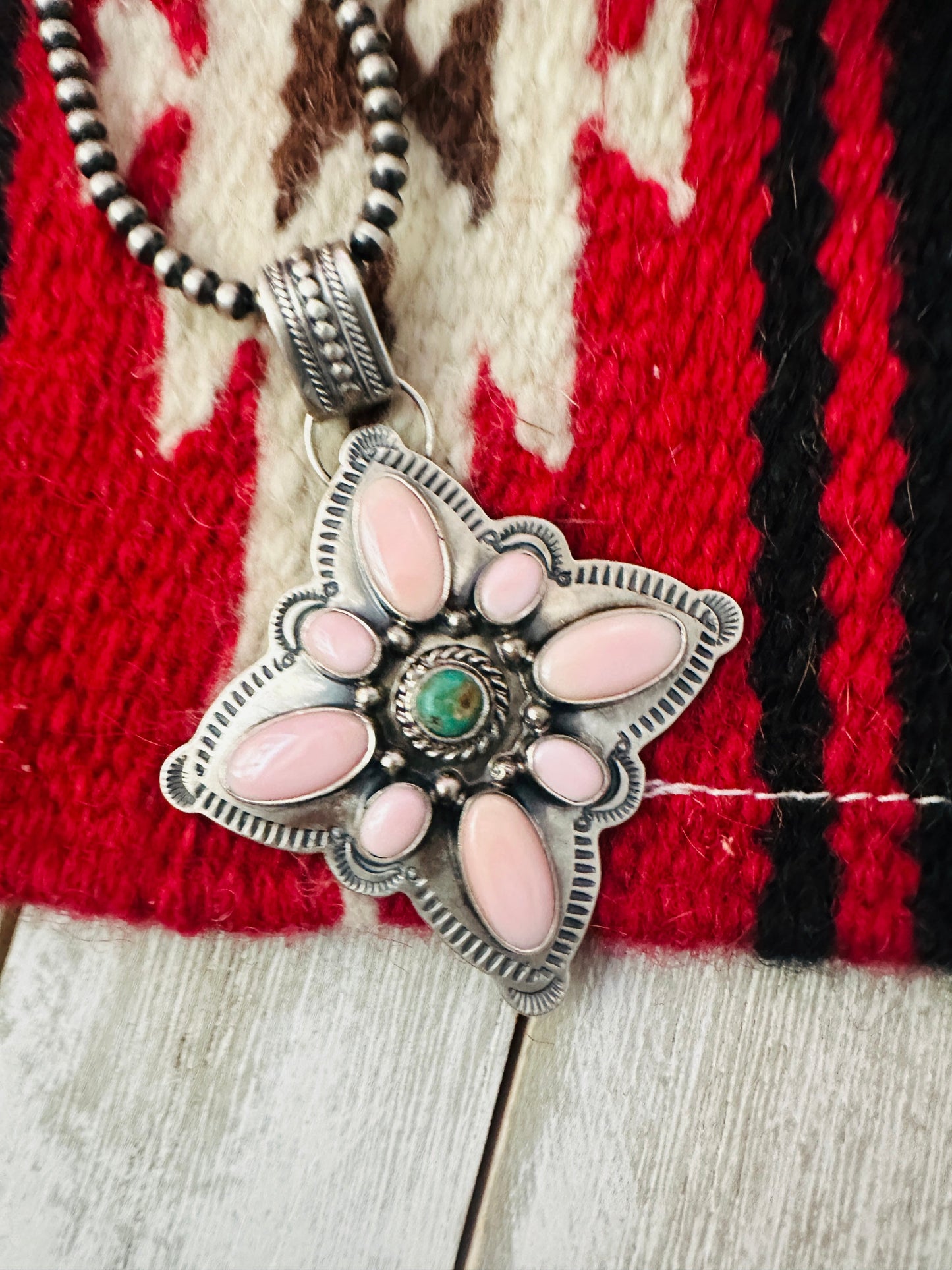 Handcrafted Sterling Silver, Queen Pink Conch & Turquoise Cluster Pendant