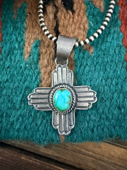 Handcrafted Sterling Silver & Sonoran Mountain Turquoise Zia Cross Pendant by Kevin Billah