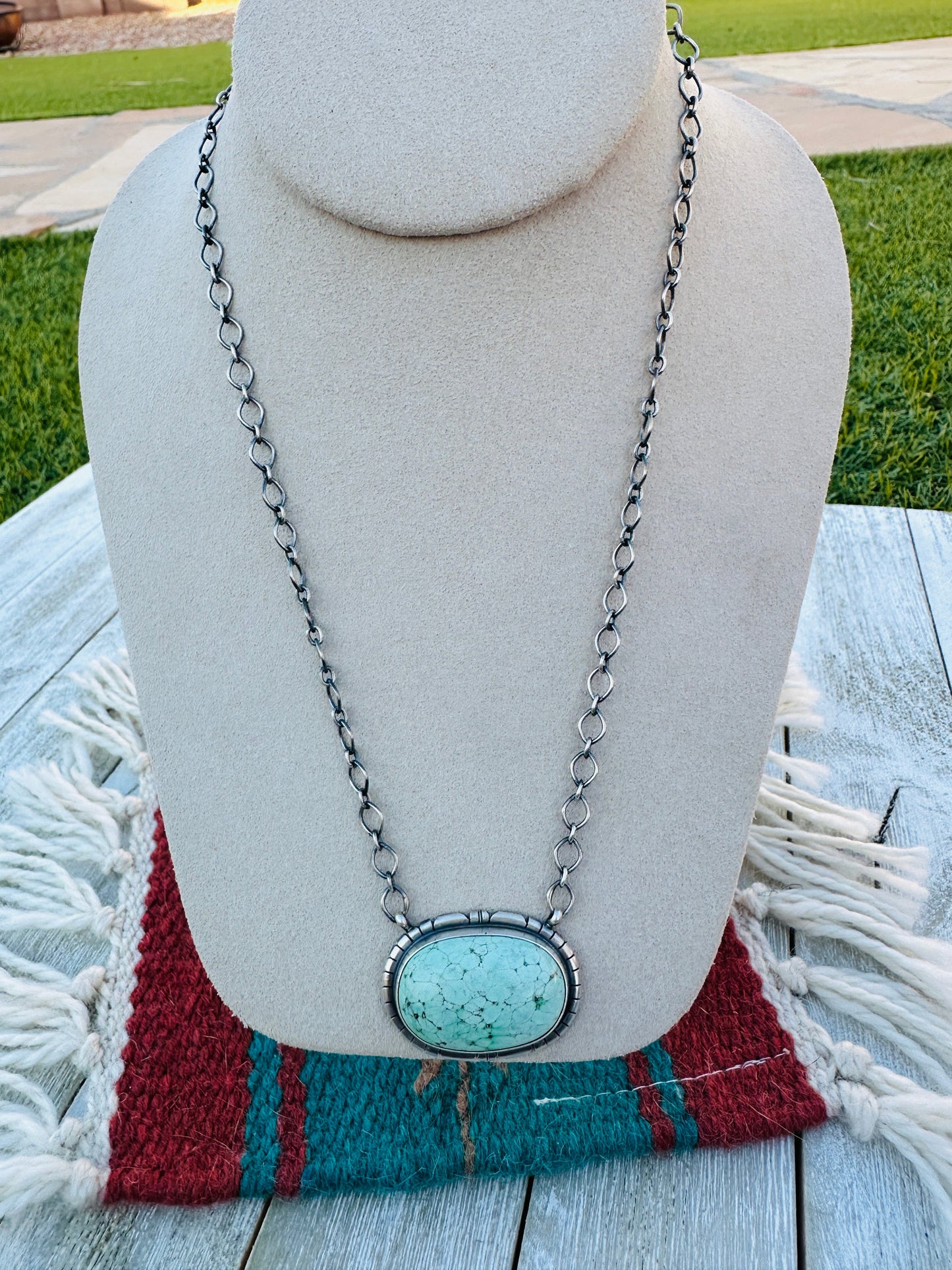 Handcrafted Sterling Silver 18” Link Chain & Turquoise Necklace