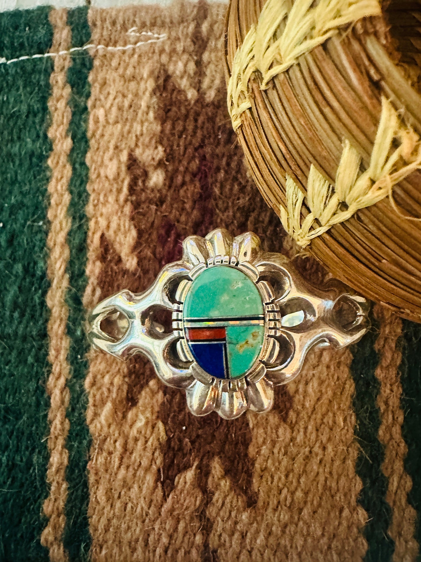 Handcrafted Old Pawn Multi Stone & Sterling Silver Inlay Cuff Bracelet