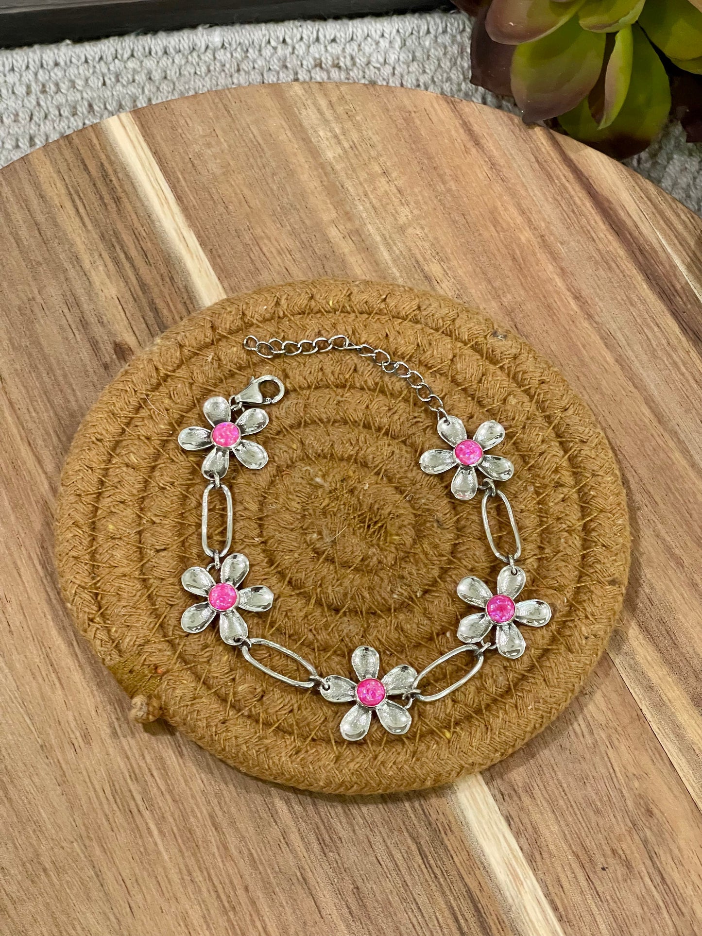 Handmade Sterling Silver & Pink Fire Opal Daisy Flower Bracelet