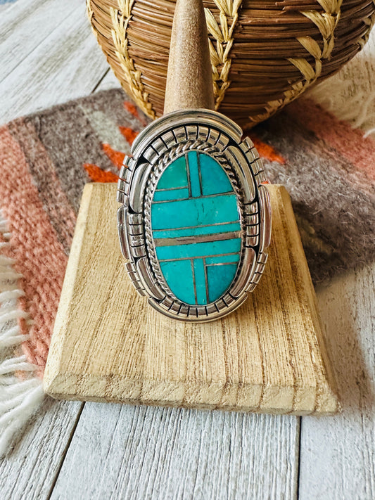 Handcrafted Sterling Silver & Turquoise Inlay Adjustable Ring