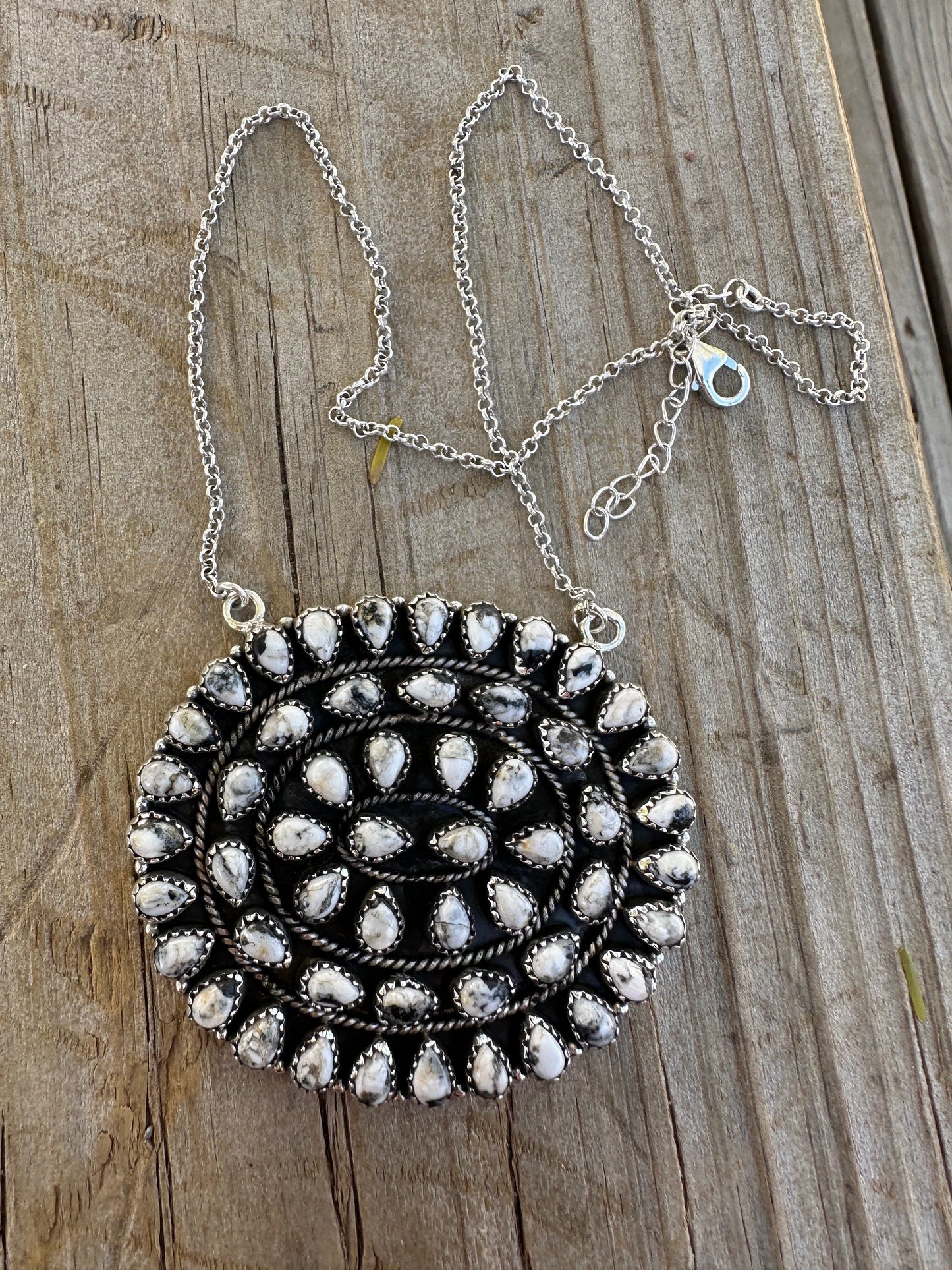 Handmade Sterling Silver, White Buffalo Cluster Necklace