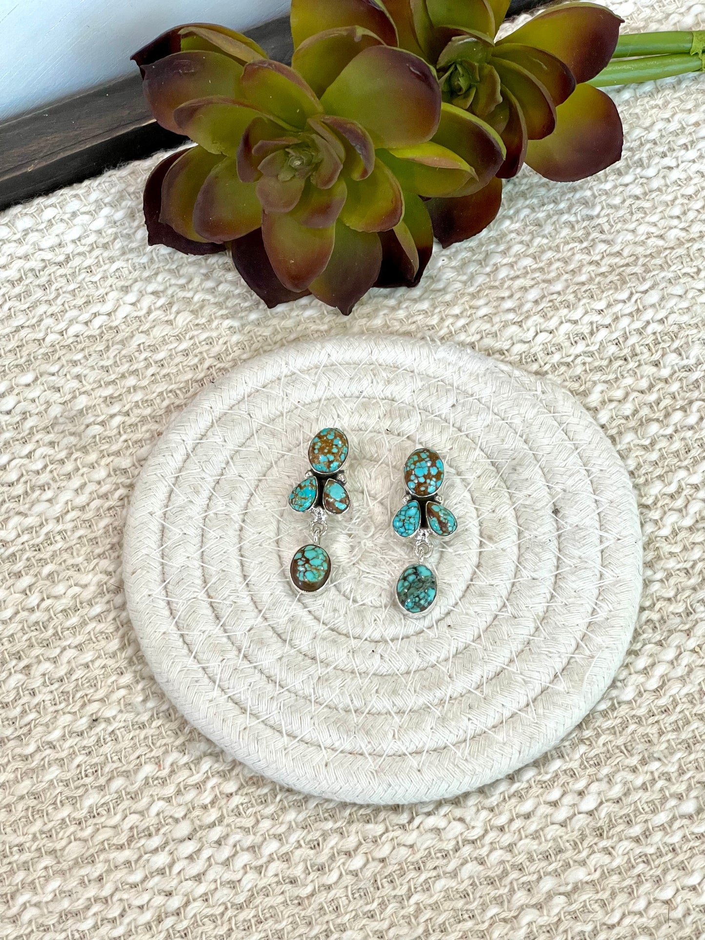 Handmade Sterling Silver Number 8 Turquoise Post Dangle Earrings with Signed Nizhoni
