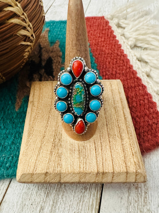 Handcrafted Turquoise, Coral & Sterling Silver Cluster Ring Size 7.25