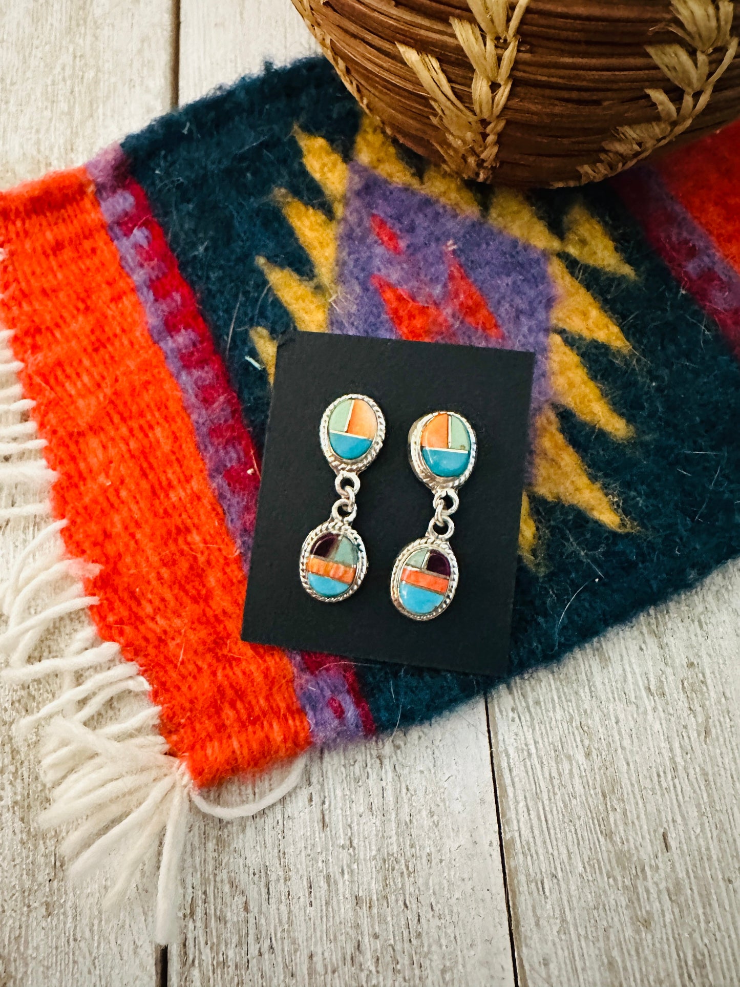 Handcrafted Sterling Silver & Multi Stone Inlay Dangle Earrings